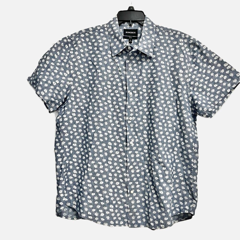 Bonobos Men’s Slim Fit Blue Floral Chambray Short Sleeve Shirt Size XL